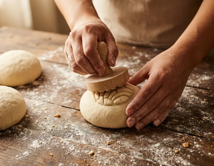 Hands pressing a shell pattern into concha dough
